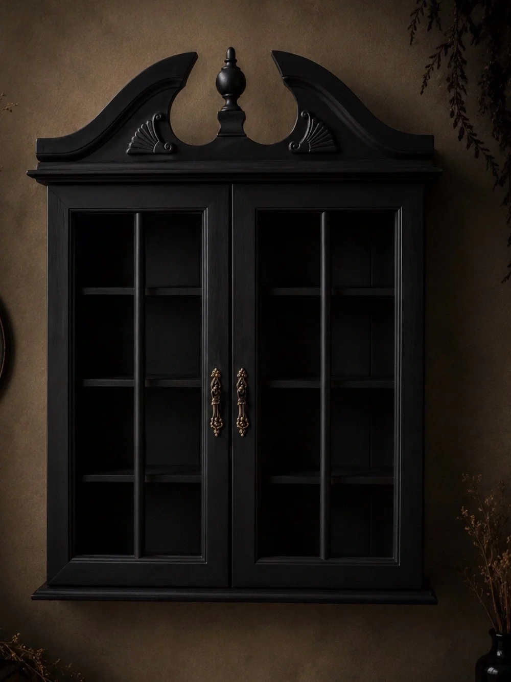 Vintage matte black curio cabinet